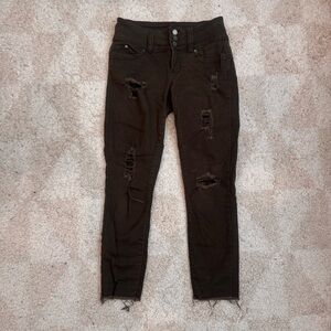 Distressed Mid Rise Skinny Jeans - Dark Green YMI